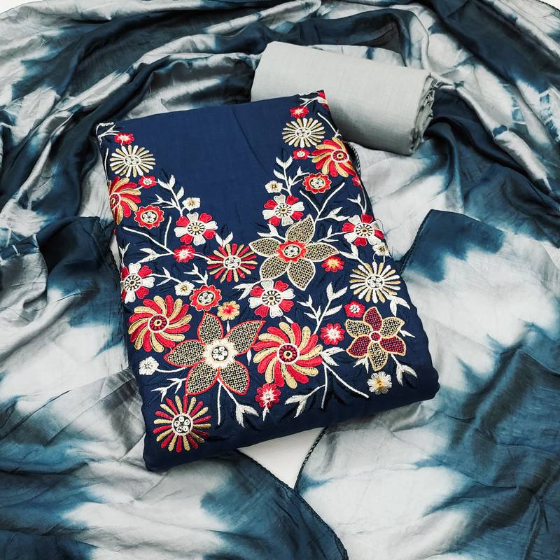 Women's teal blue embroidered neck cotton dress material