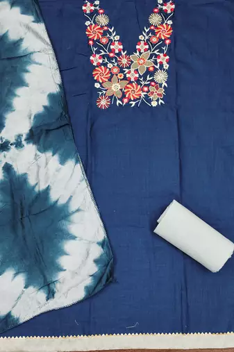 teal blue embroidered neck cotton dress material