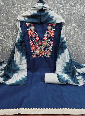  teal blue embroidered neck cotton dress material 3