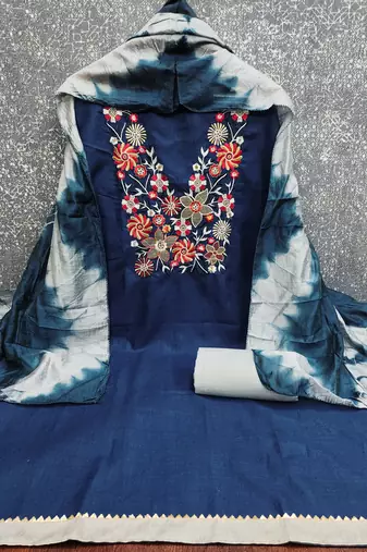  teal blue embroidered neck cotton dress material