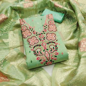  green embroidered neck simmer dress material 1