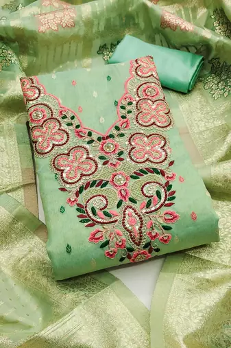 Women's green embroidered neck simmer dress material