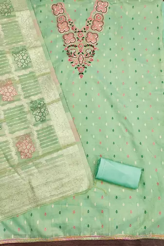  green embroidered neck simmer dress material