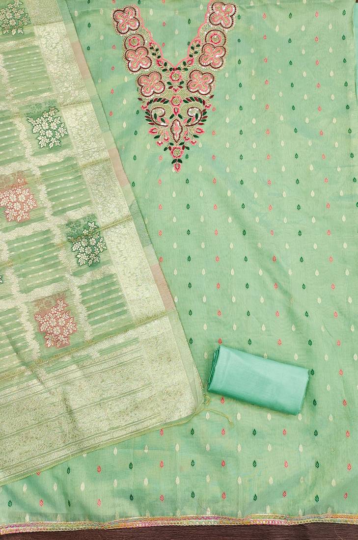 Women's green embroidered neck simmer dress material