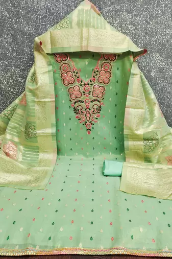  green embroidered neck simmer dress material