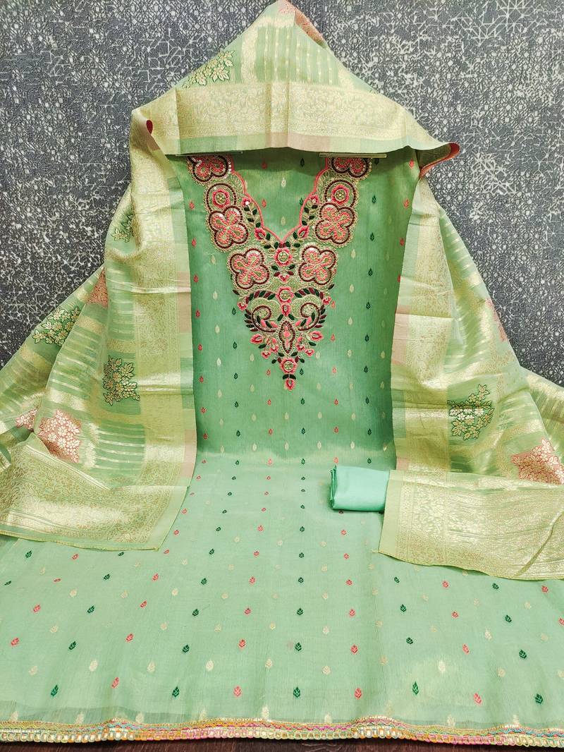 Women's green embroidered neck simmer dress material