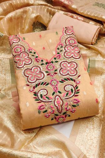 Women's orange embroidered simmer butti dress material