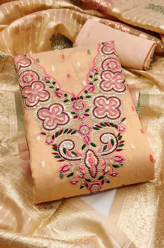 Women's orange embroidered simmer butti dress material