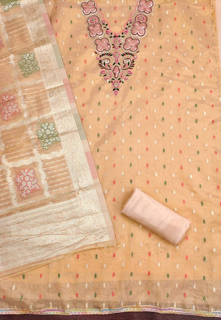 Women's orange embroidered simmer butti dress material