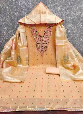  orange embroidered simmer butti dress material 3