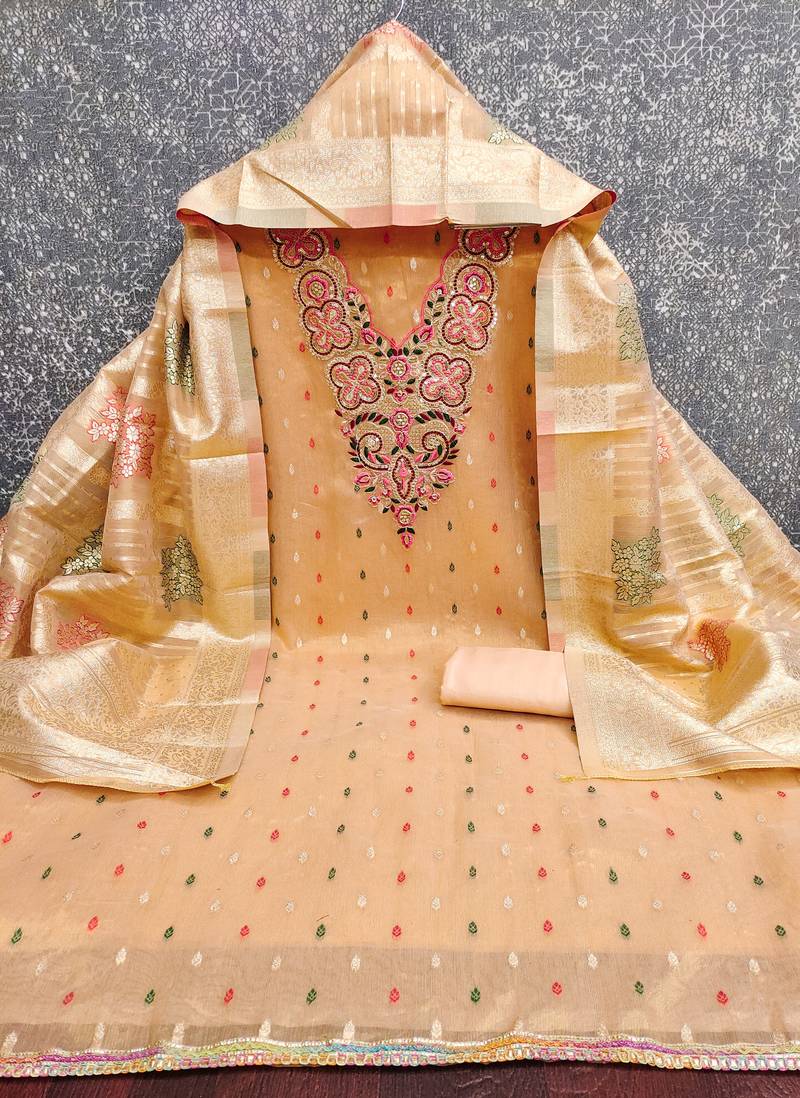 Women's orange embroidered simmer butti dress material