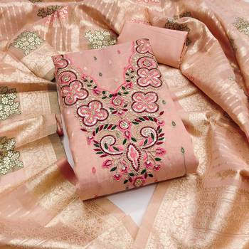  peach embroidered simmer butti dress material 1