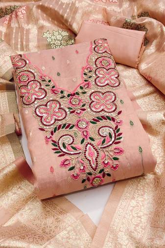 Women's peach embroidered simmer butti dress material