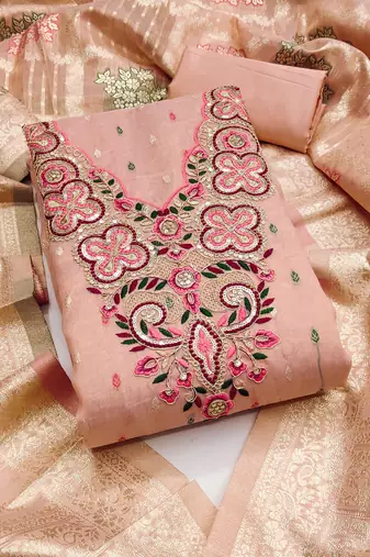 Women's peach embroidered simmer butti dress material