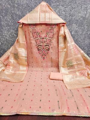 peach embroidered simmer butti dress material 3