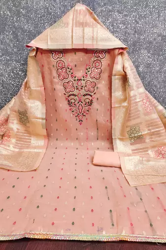  peach embroidered simmer butti dress material