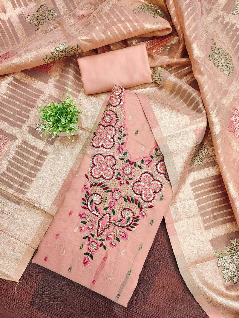 Women's peach embroidered simmer butti dress material