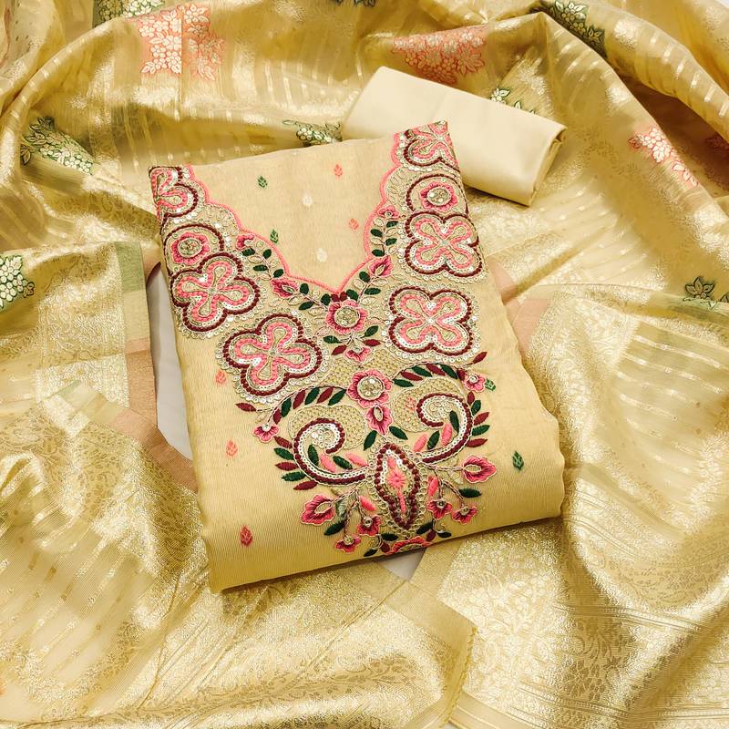 Women's yellow embroidered simmer butti dress material