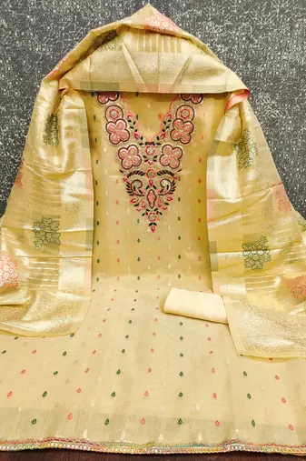 yellow embroidered simmer butti dress material