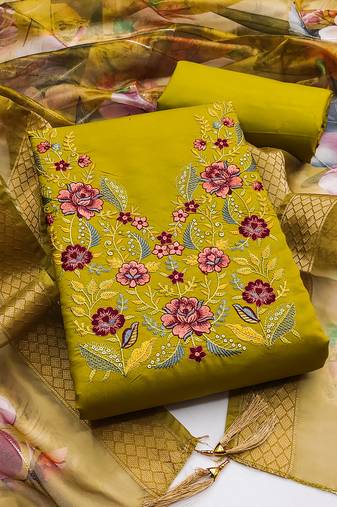 Women's green embroidered neck silk dress material