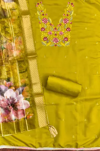  green embroidered neck silk dress material