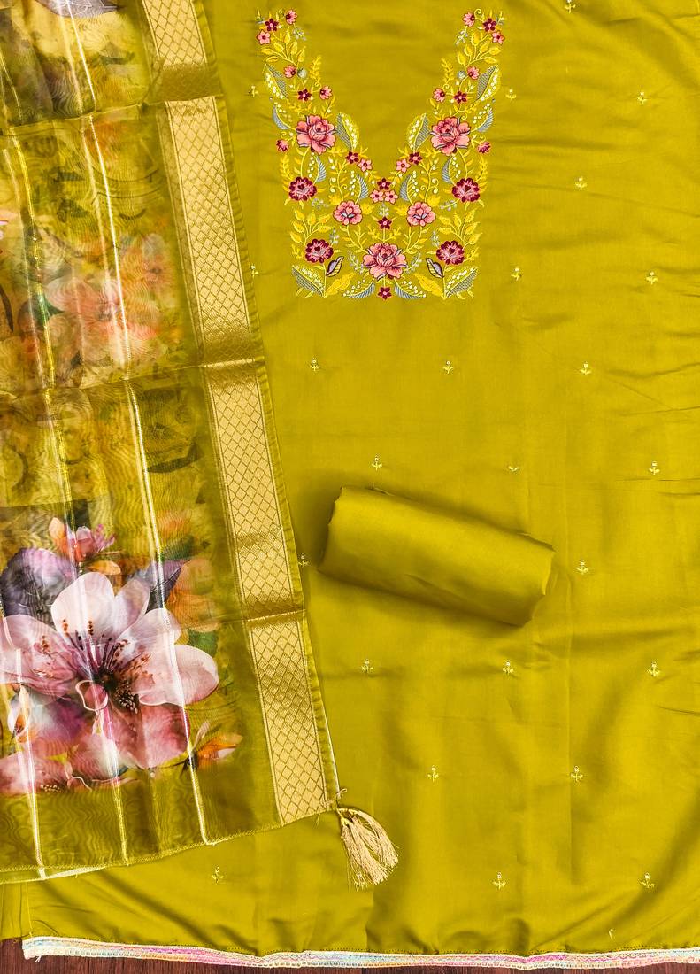 Women's green embroidered neck silk dress material