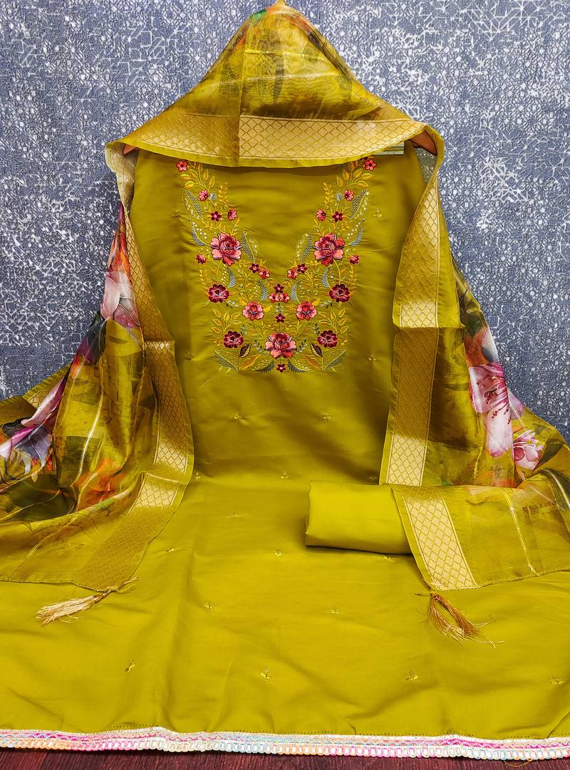 Women's green embroidered neck silk dress material