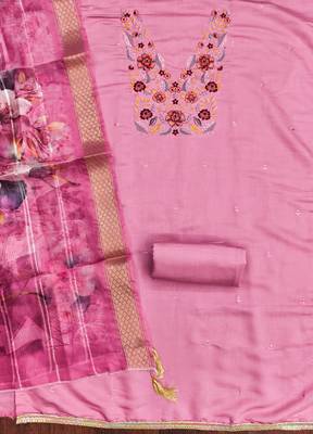  pink embroidered neck silk dress material 2