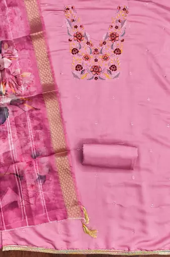  pink embroidered neck silk dress material