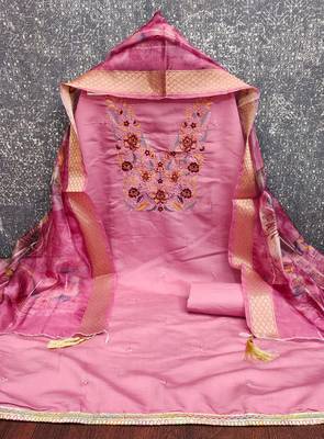  pink embroidered neck silk dress material 3