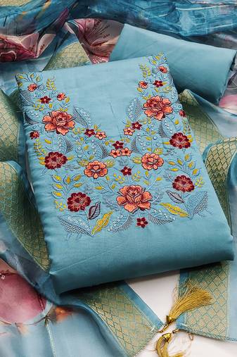 Women's sea green embroidered neck silk dress material