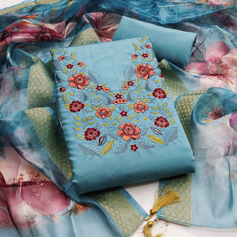 Women's sea green embroidered neck silk dress material