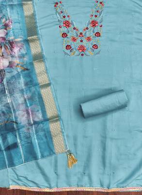  sea green embroidered neck silk dress material 2