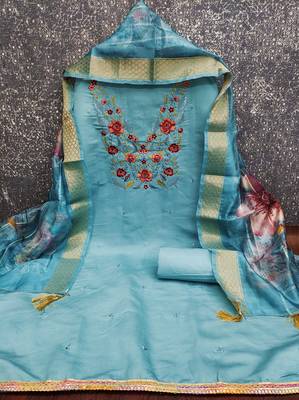  sea green embroidered neck silk dress material 3