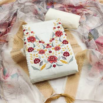  white embroidered neck silk dress material 1