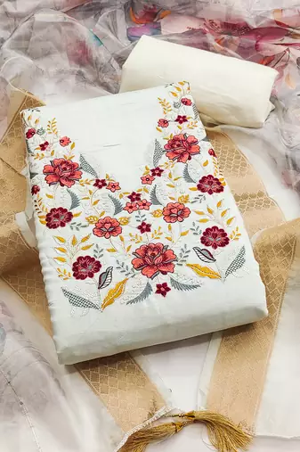 Women's white embroidered neck silk dress material