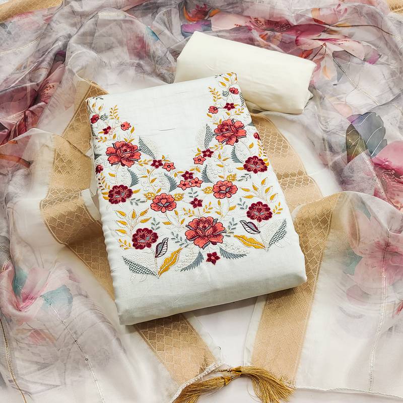 Women's white embroidered neck silk dress material