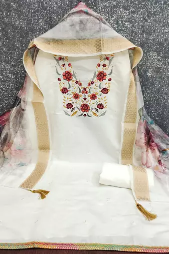  white embroidered neck silk dress material