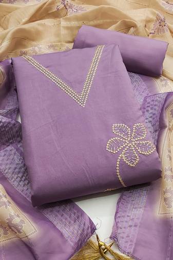 Women's levender thread embroidery silk dress material