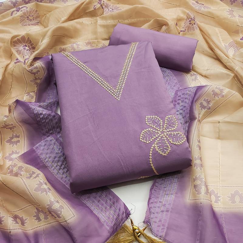 Women's levender thread embroidery silk dress material