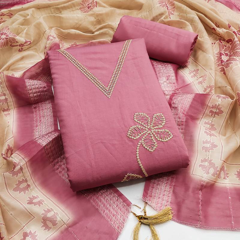 Women's pink thread embroidery silk dress material