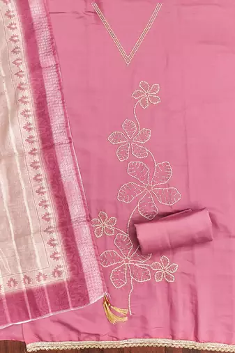  pink thread embroidery silk dress material