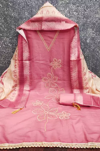  pink thread embroidery silk dress material
