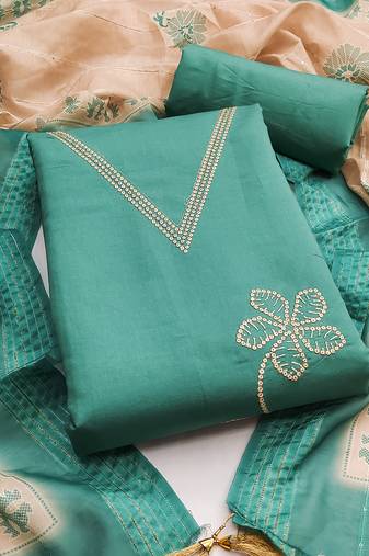 Women's sea green thread embroidery silk dress material