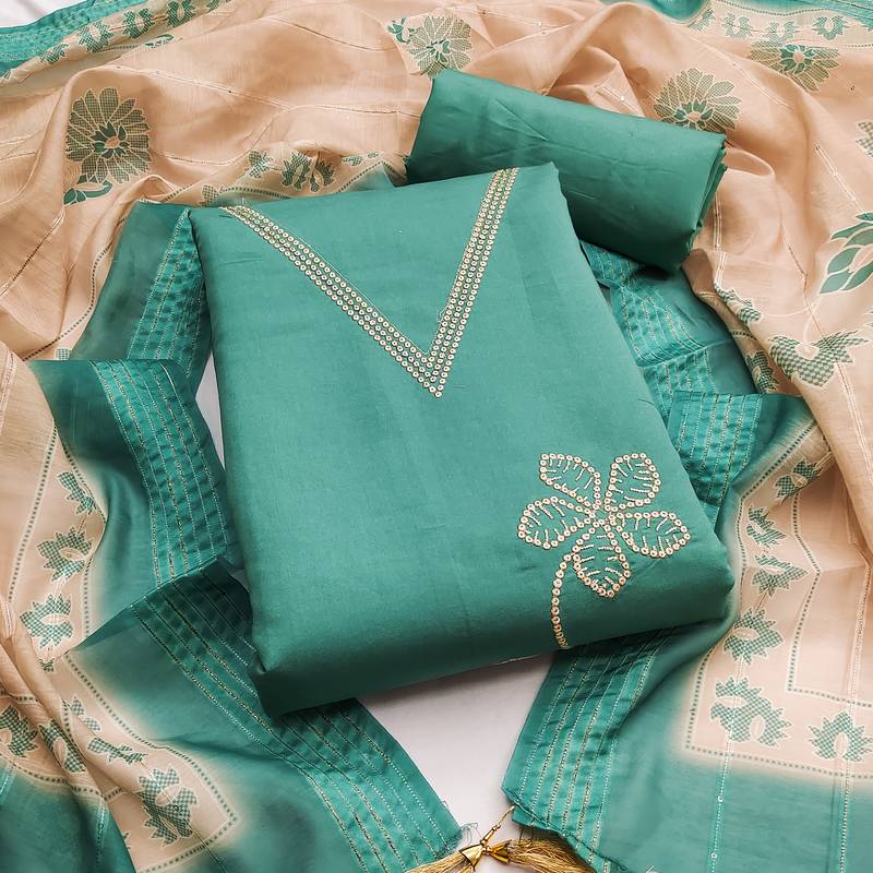 Women's sea green thread embroidery silk dress material