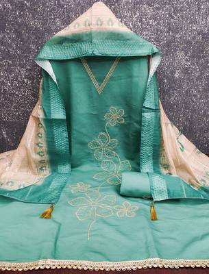  sea green thread embroidery silk dress material 3