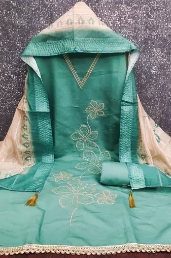  sea green thread embroidery silk dress material