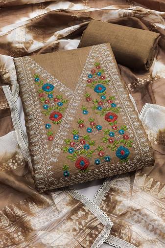 Women's brown thread embroidery cotton dress material