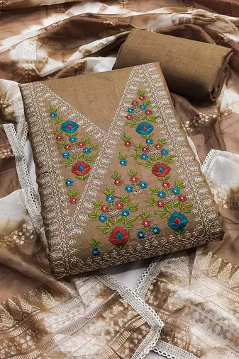 Women's brown thread embroidery cotton dress material