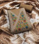 Women's brown thread embroidery cotton dress material